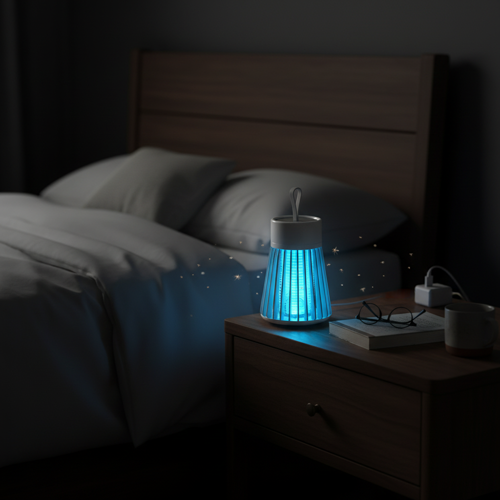 Lámpara mata mosquitos encendida en habitación nocturna
